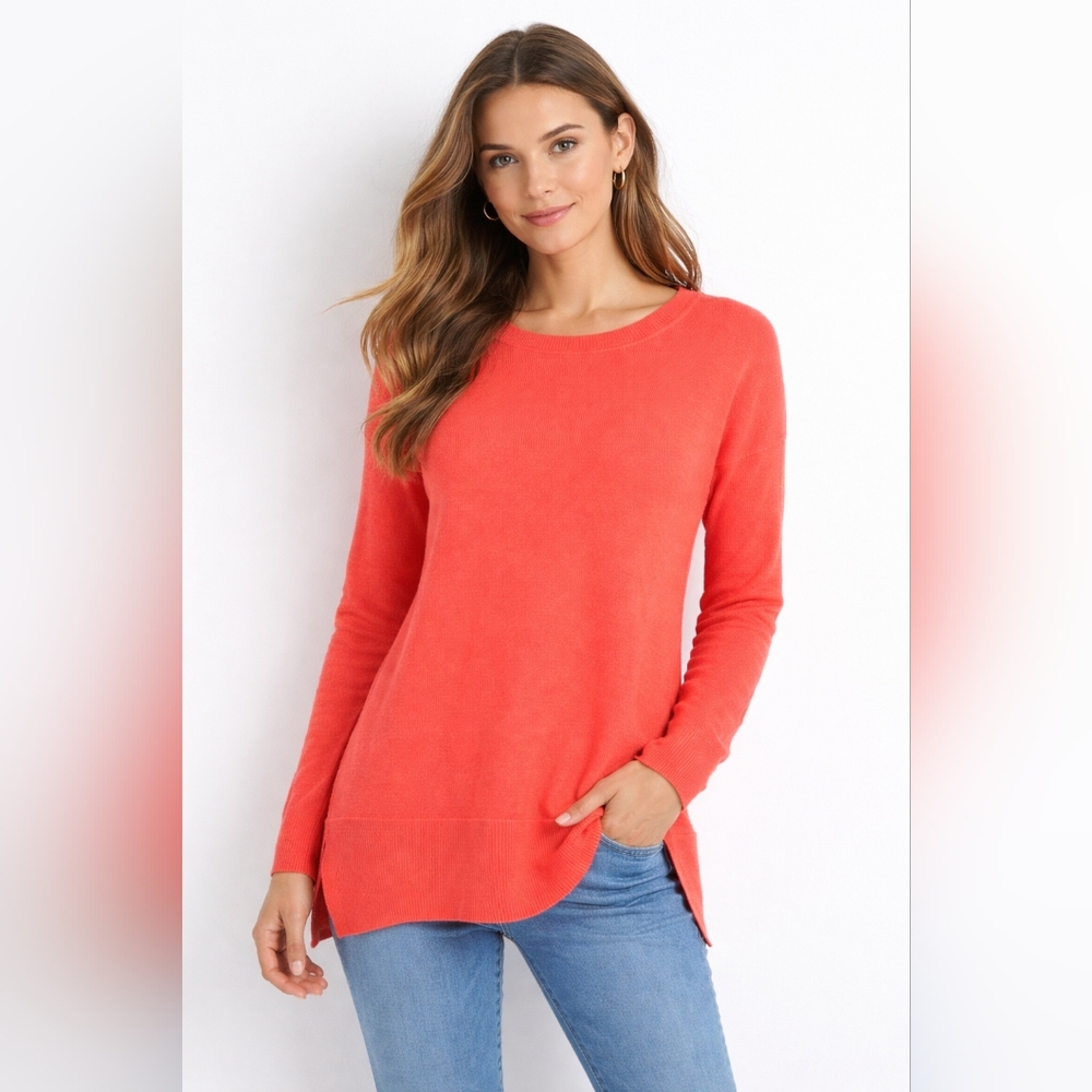 Cynthia Rowley Coral Merino Wool Longline Side Slit Sweater Small S